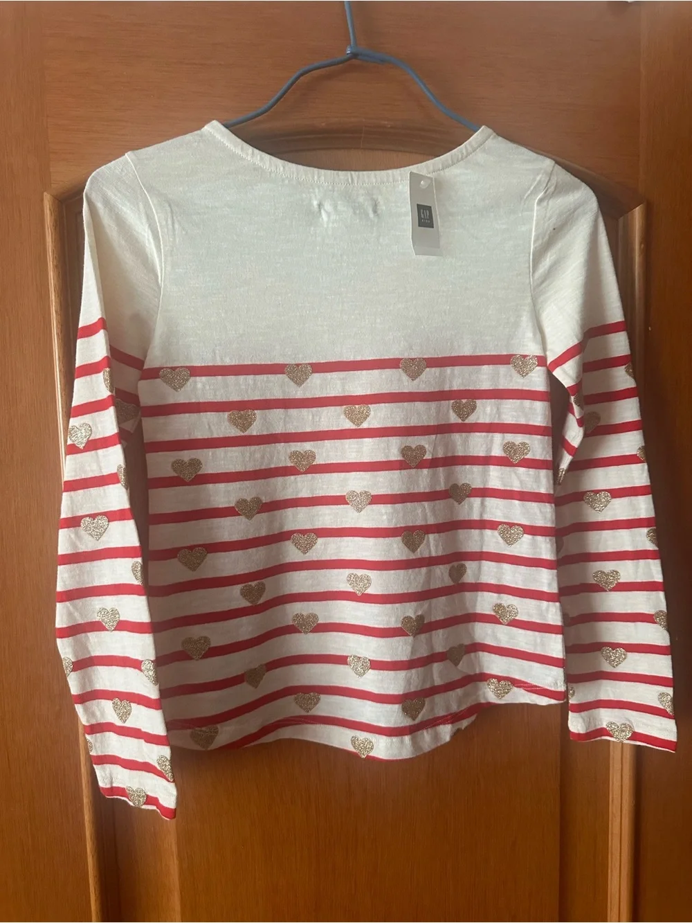 GapKids Girls Red & White Long-Sleeve Shirt with Gold Glitter Hearts Size M(8)